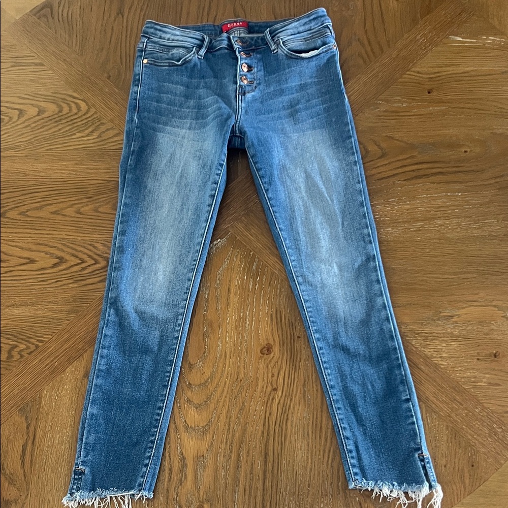 Guess Women's Blue Frayed Hem Skinny Jeans